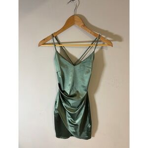 Windsor Emerald Green‎ Satin Cowl Neck Ruched Mini Slip Dress Strappy Sz XS